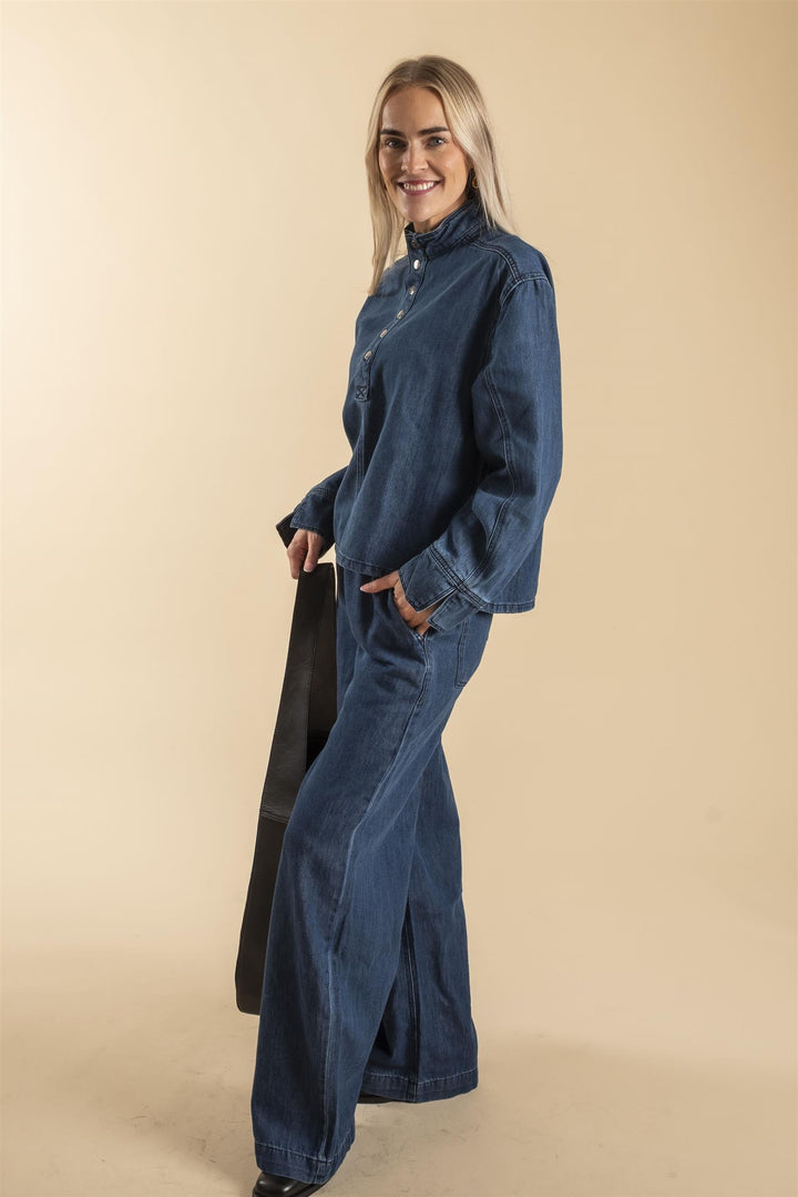Azmina Denim Placket Blouse - Denim Blue