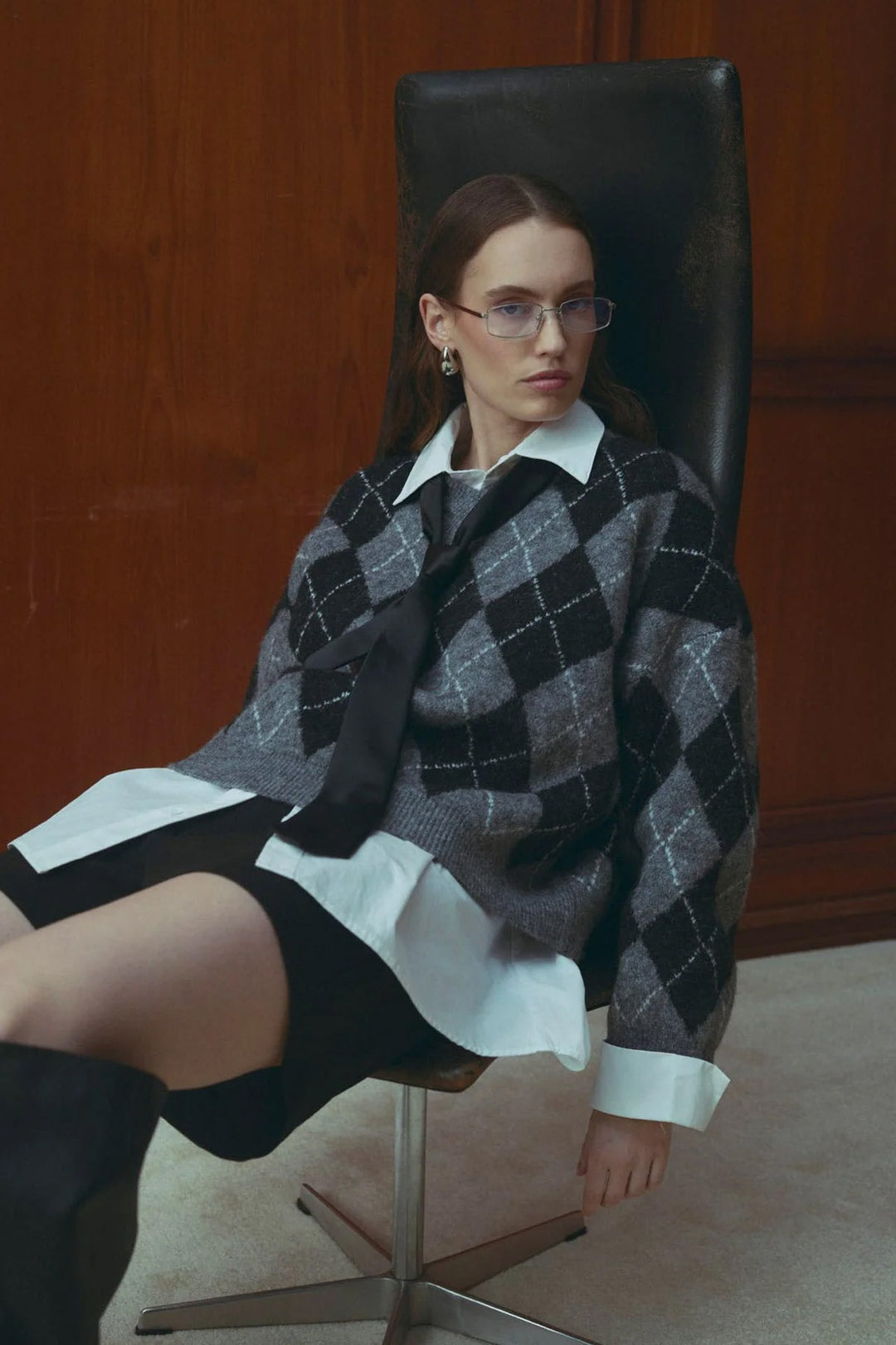 Lai V-neck Knit - Black Grey Check